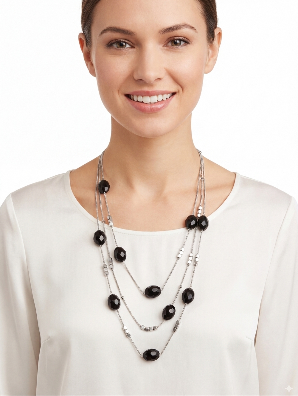 Multi-Strand Layered Necklace Silver Tone Black Geometric Beaded Long Boho Chic